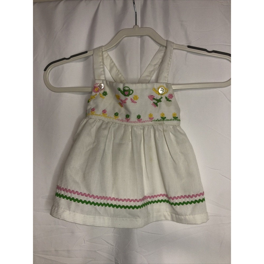 Vintage Pinafore Dress Baby White Floral Embroidered Rickrack Fair Waffle Weave